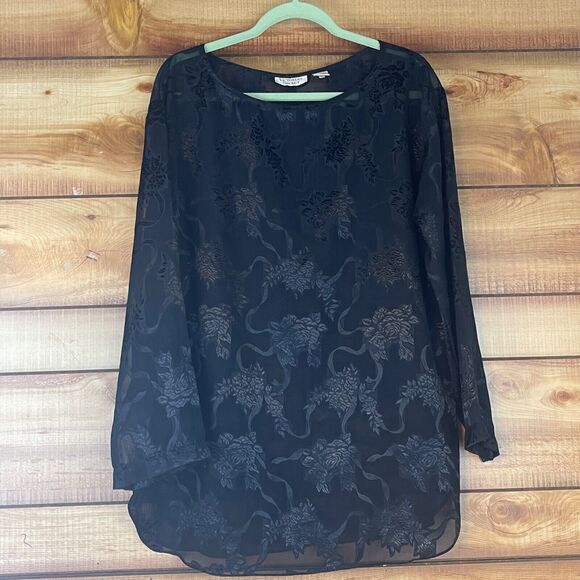 Victorias Secret Gold Label Tunic Top Large Black‎ Floral Sheer Long Sleeve VTG - Picture 1 of 8